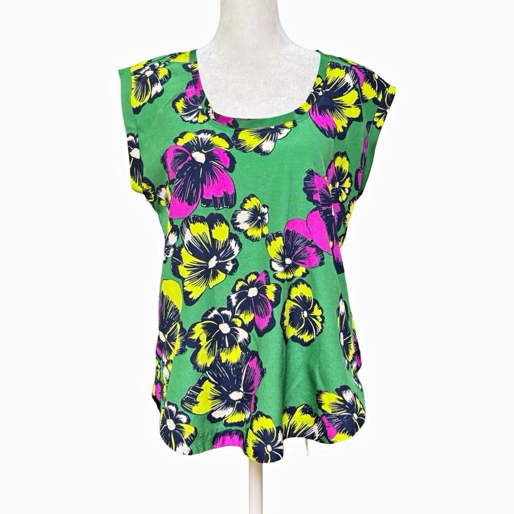 J.CREW Floral Chiffon Blouse 6 Green Purple Yellow Lightweight Ruffle Scoop
